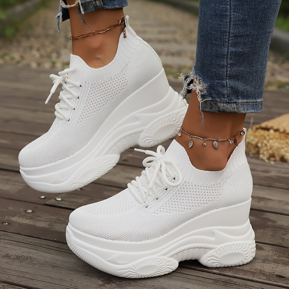 Women's White Slip-On Chunky Platform Sneakers Breathable Cushioned Heel