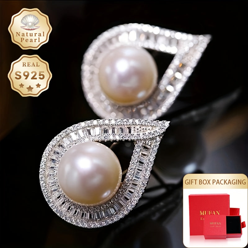 Vintage Freshwater Pearl Stud Earrings with Peacock Feather Design Sterling Silver 12mm June Birthstone
