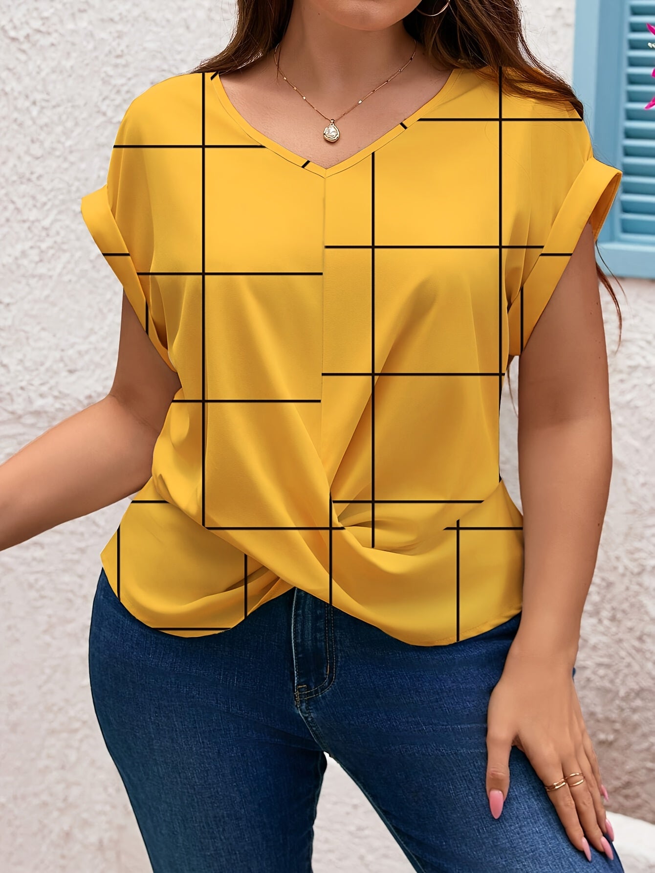 Plus Size Women's V-Neck Blouse Twist Front Lightweight Casual Top Yellow