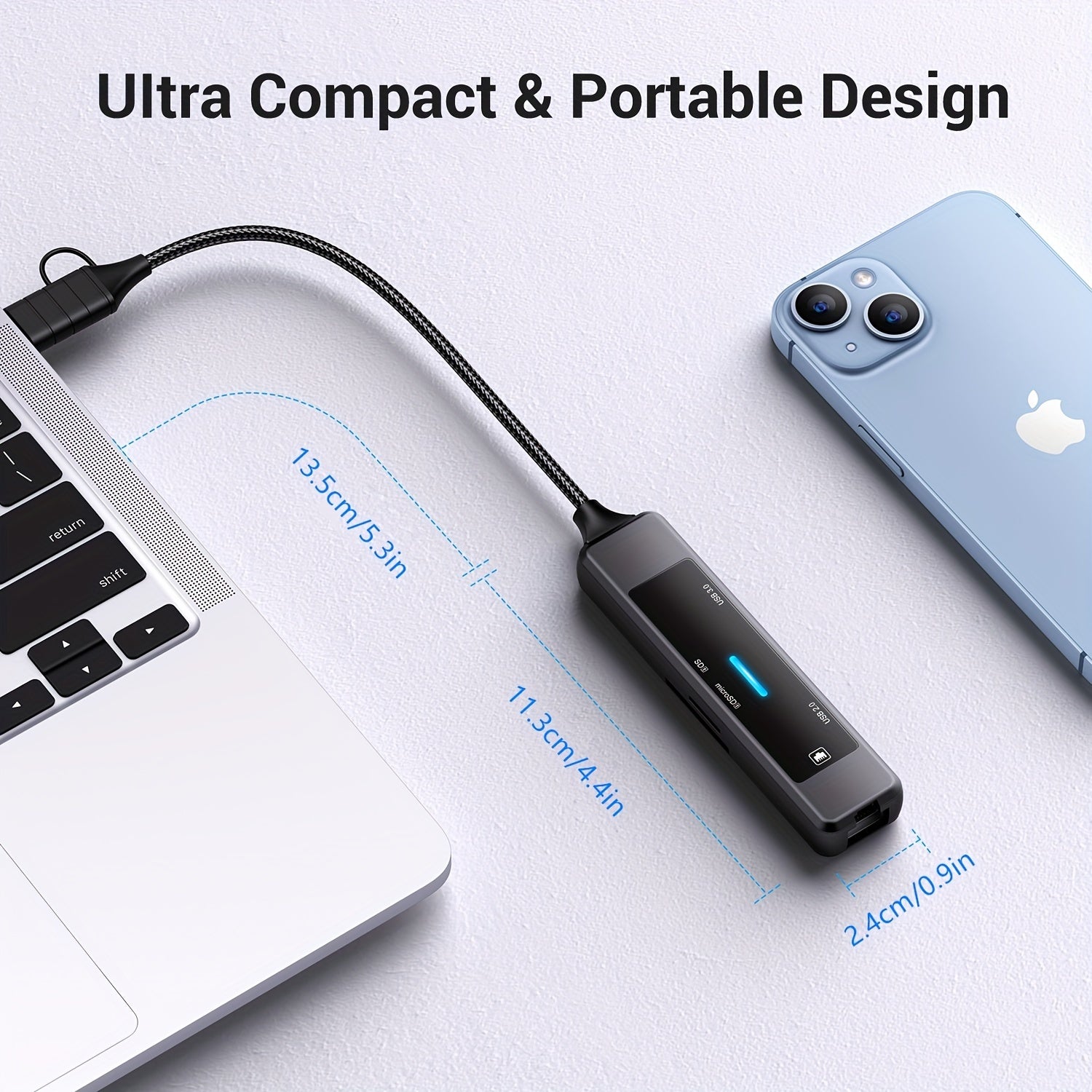 USB 3.0 adapter hub, Ethernet, Type-C quvvat porti va ikki USB porti bilan - turli qurilmalar bilan mos keladi.