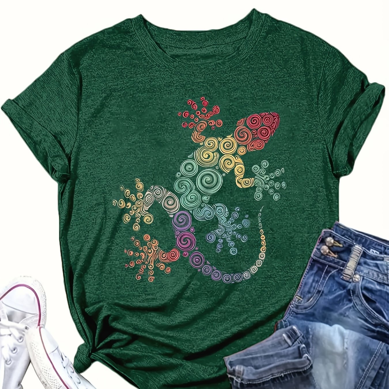 Plus Size Colorful Spiral Gecko Print T-Shirt Casual Breathable Summer Autumn