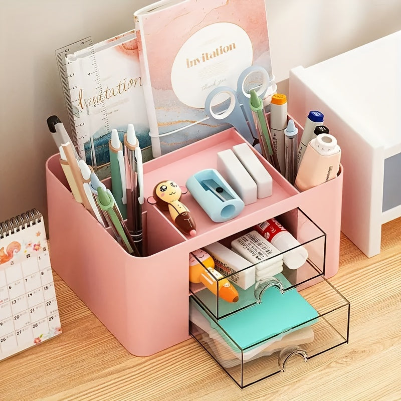 Multifunctional Desktop Organizer with Two Drawers for Office Supplies and Vanity Storage