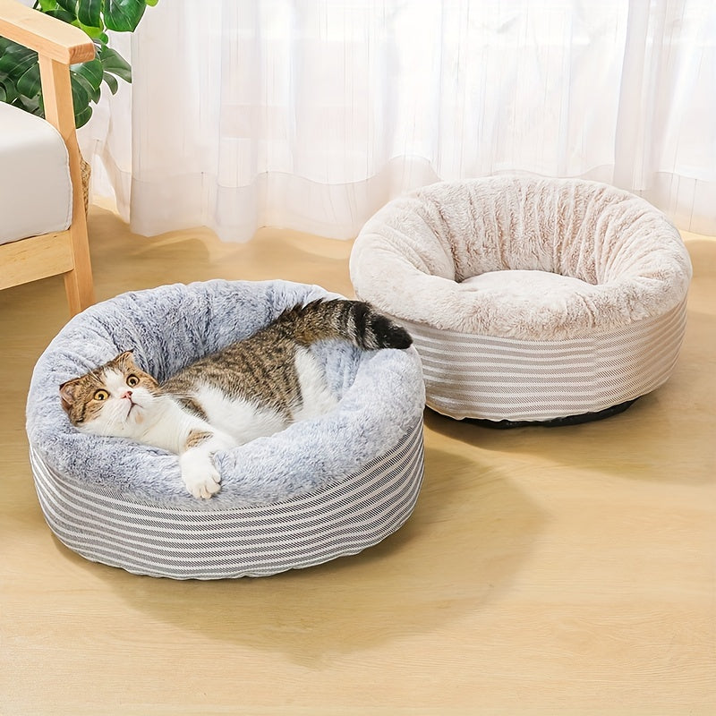 Round Plush Cat Bed with Semi-Enclosed Design for Small Cats