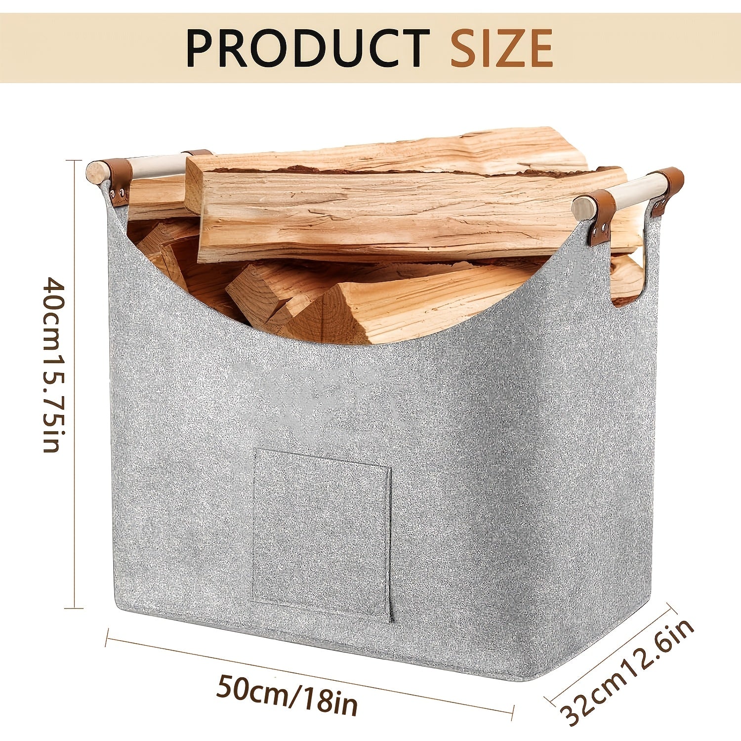 Складной и прочный светло-серый органайзер для покупок, дров, газет и дров с усиленной деревянной ручкой - 1 шт., корзина для хранения дров из очень толстого фетра