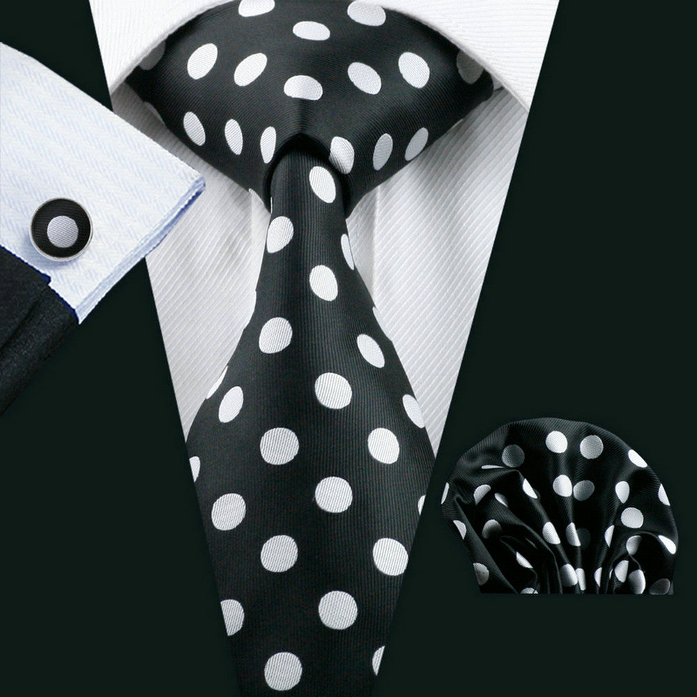 Men's Accessories Set Polka Dot Necktie Pocket Square Cufflinks Gift
