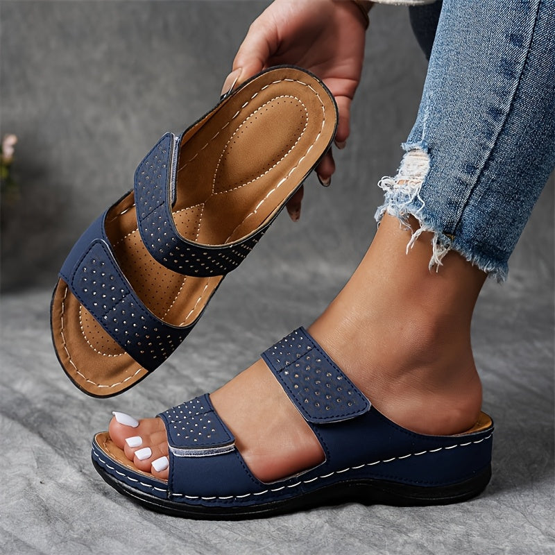 Women Summer Solid Color Wedge Sandals Open-Toe Platform Rhinestone
