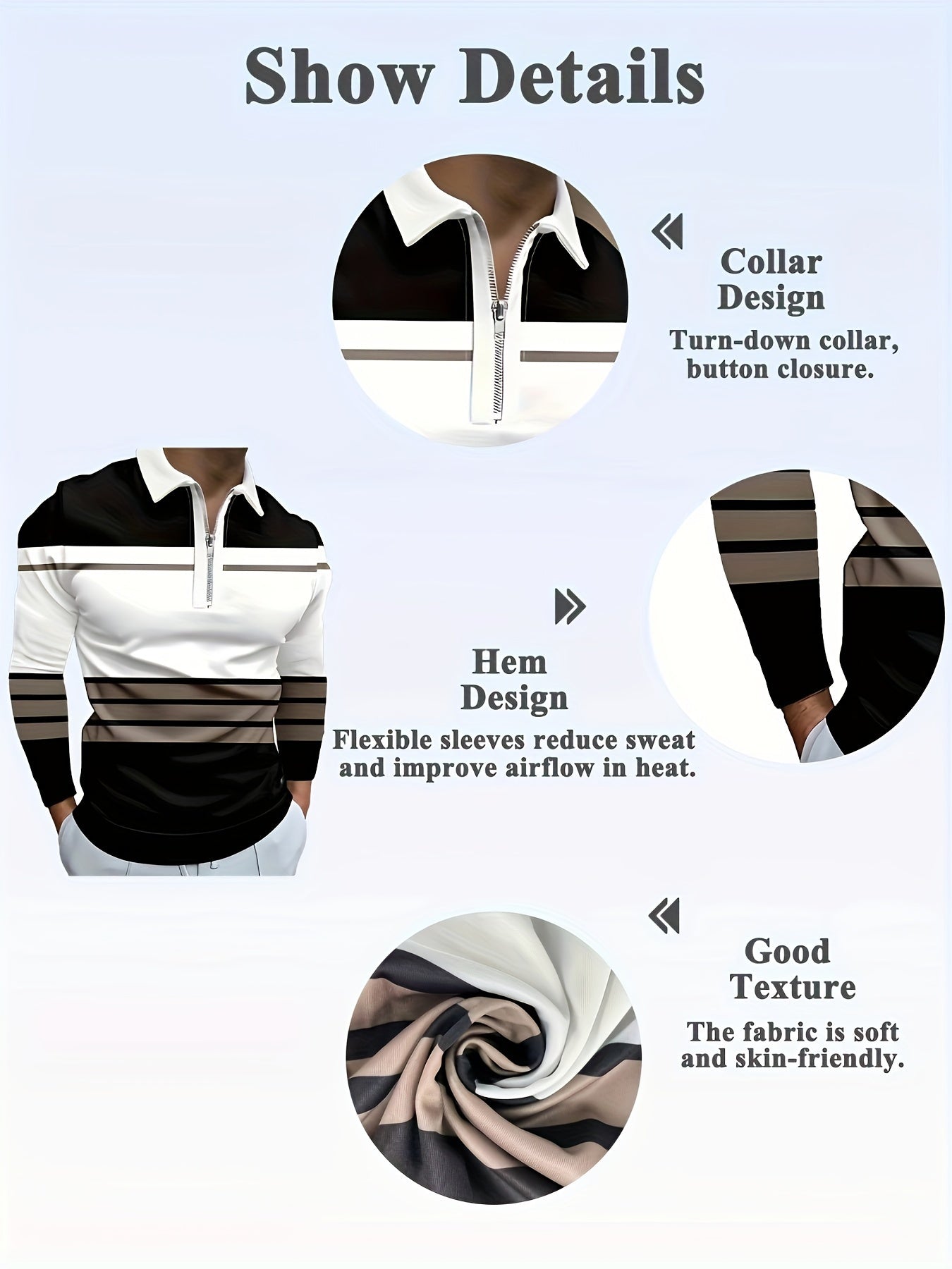 Men's Long-Sleeve Striped Polo Shirt with Zipper and Lapel Collar