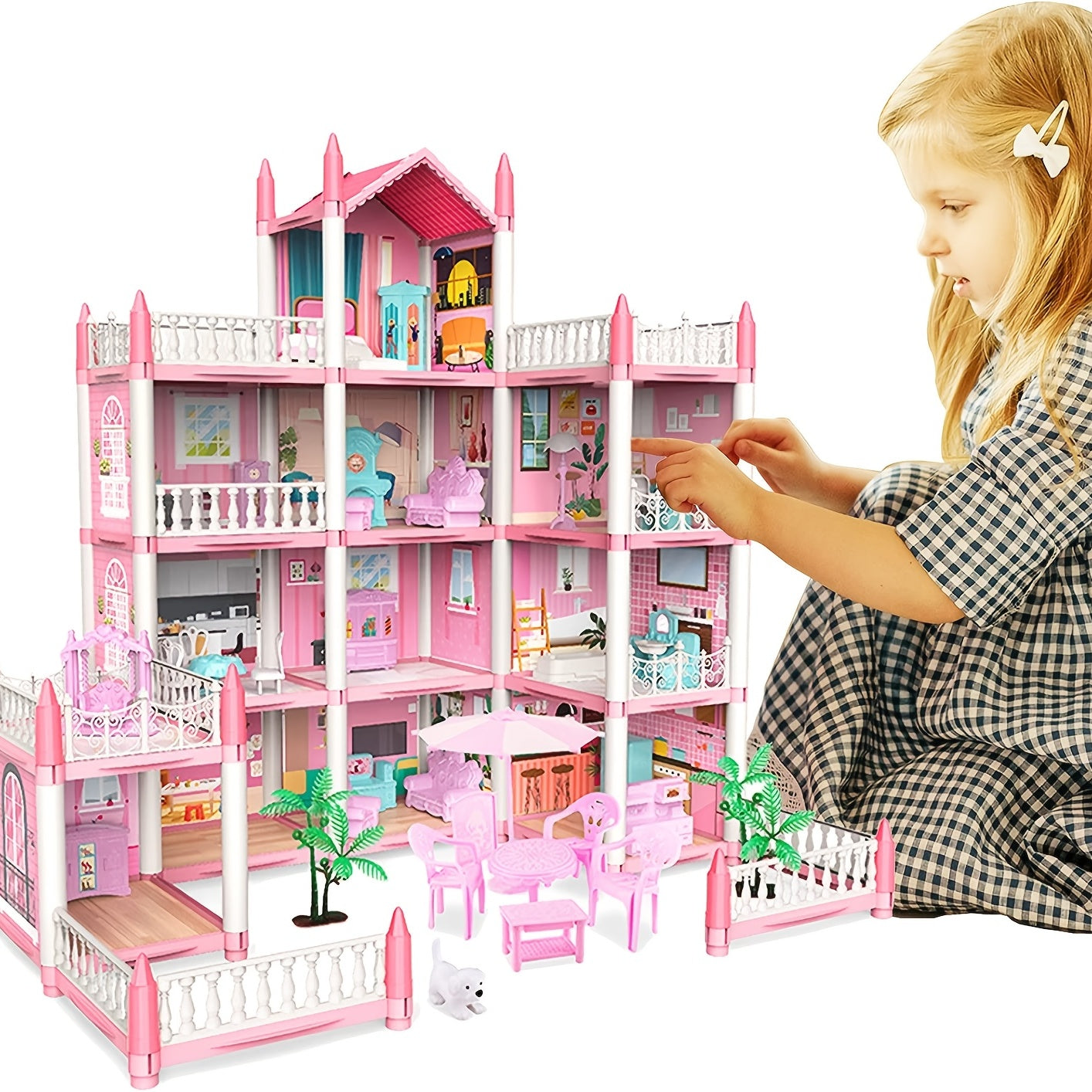 Pink Dollhouse Set for Girls Aged 5-9 with 11 Rooms and Furniture Accessories