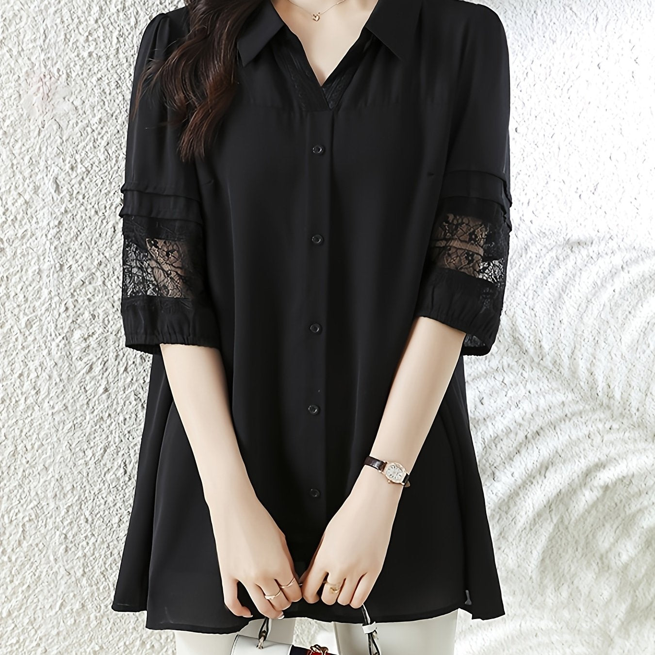 Plus Size Women's Black Chiffon Lace Trim Top Casual Short Sleeve Blouse