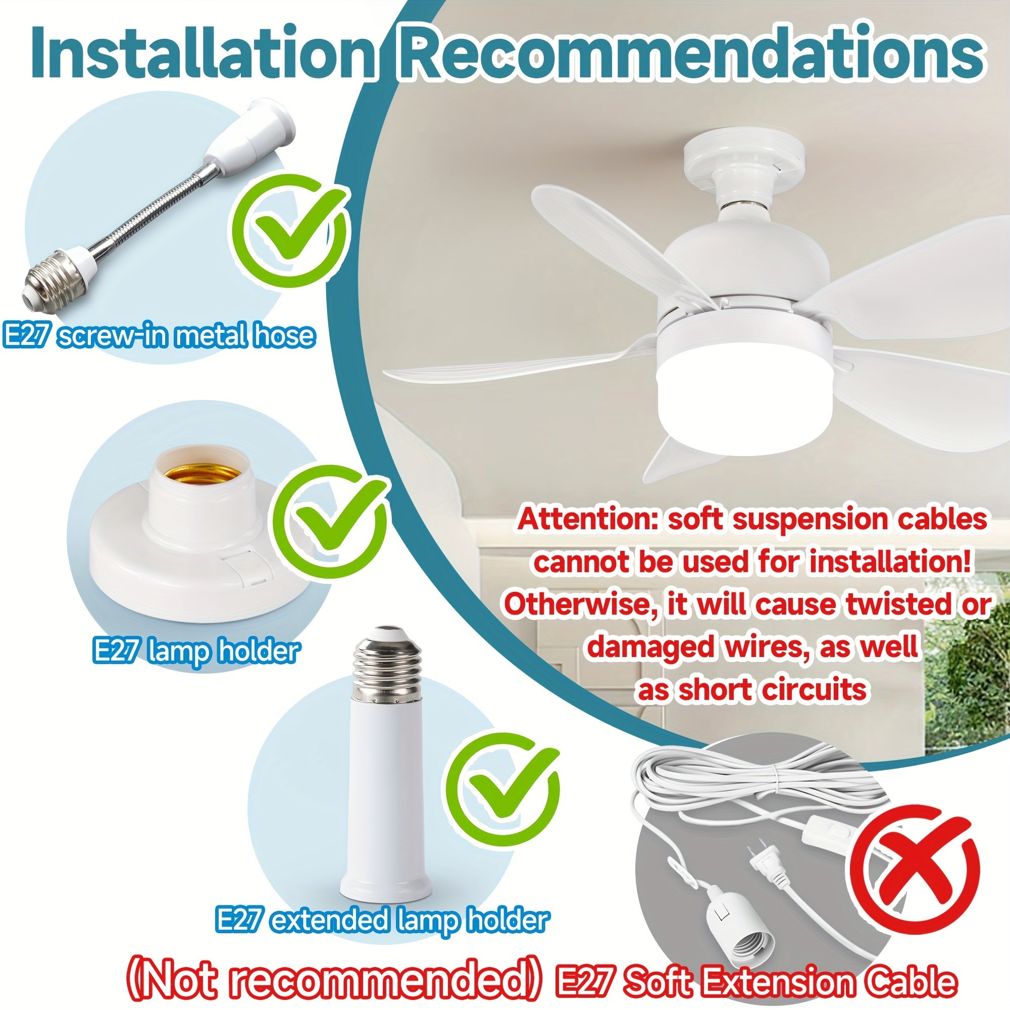 E27 Ceiling Fans with Dimmable LED Lights and Remote Control for Bedroom Kitchen Living Room Balcony