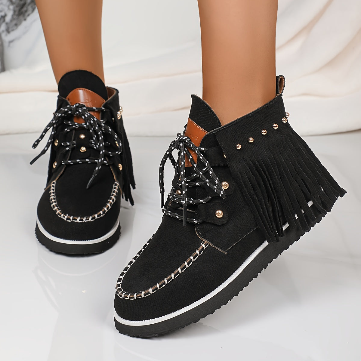 Women's Nubuck Velvet Ankle Boots with Tassel Trim Non-Slip Warm Flats