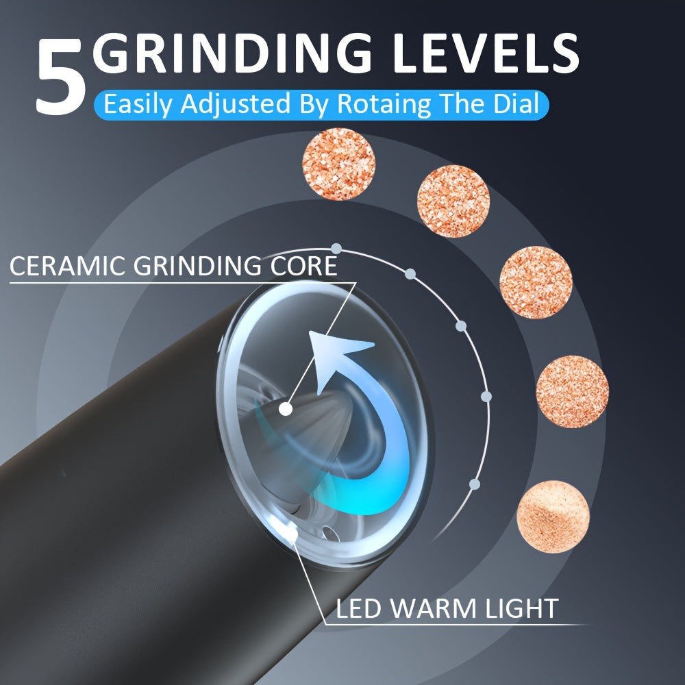 Electric Pepper Grinder with Gravity Sensing LED Light Adjustable Coarseness Rechargeable