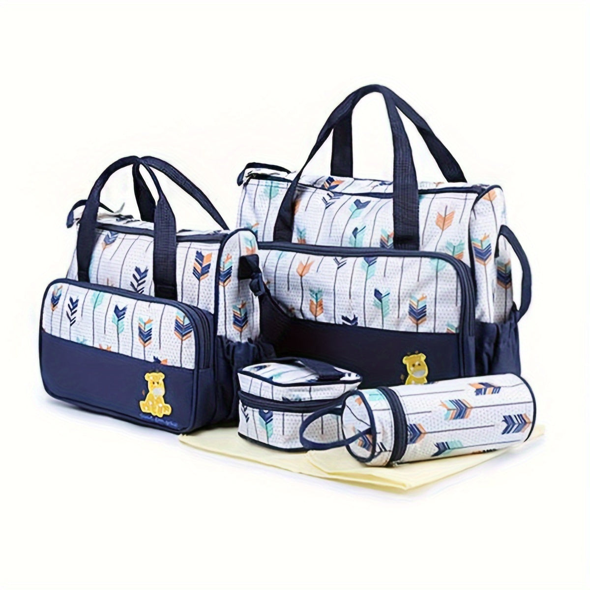 5-Piece Geometric Print Diaper Bag Set with Shoulder Strap for Parents