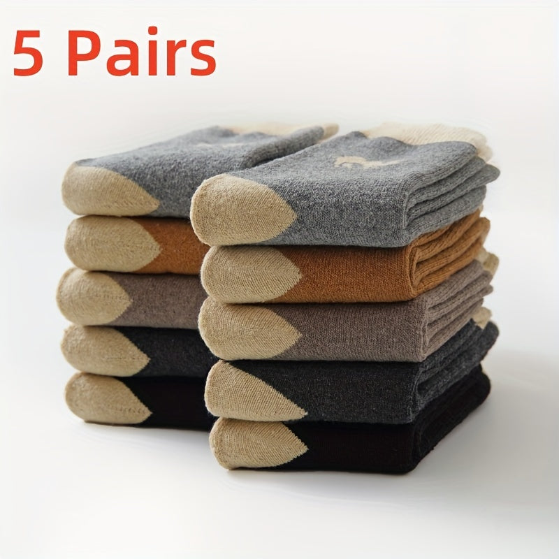 Men's Thermal Crew Socks 5 Pairs Cotton Blend Camel Pattern Warm Comfortable