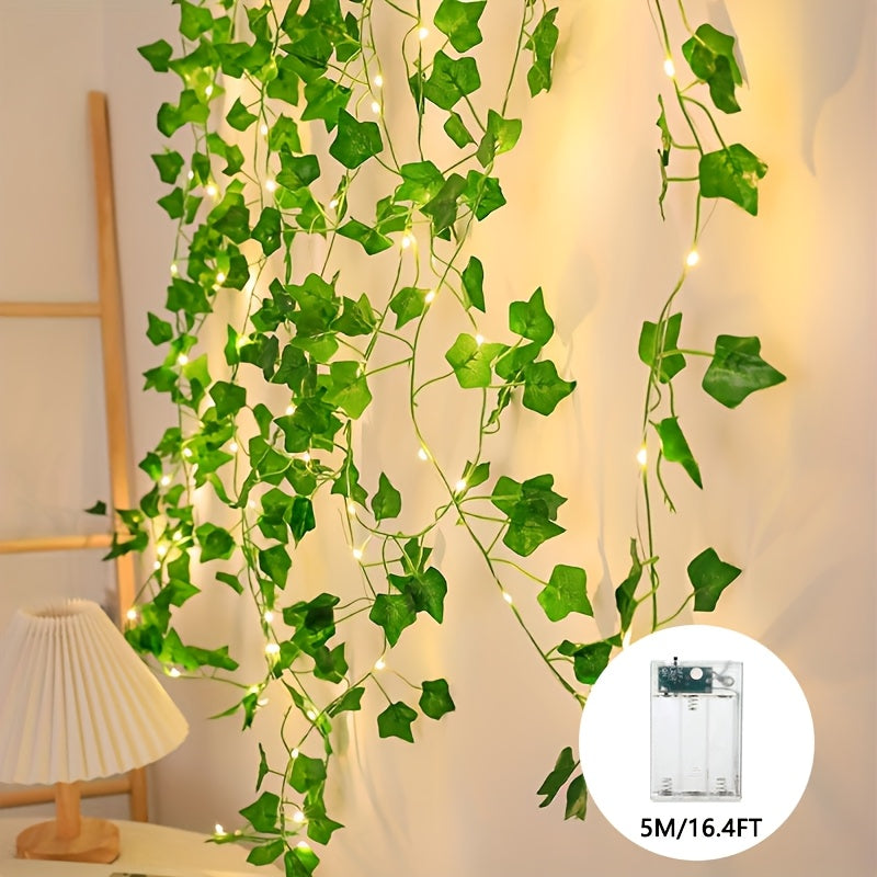 Зеленая гирлянда из листьев на шнуре 2м 5м 10м, работает на батарейках, для внутреннего декора