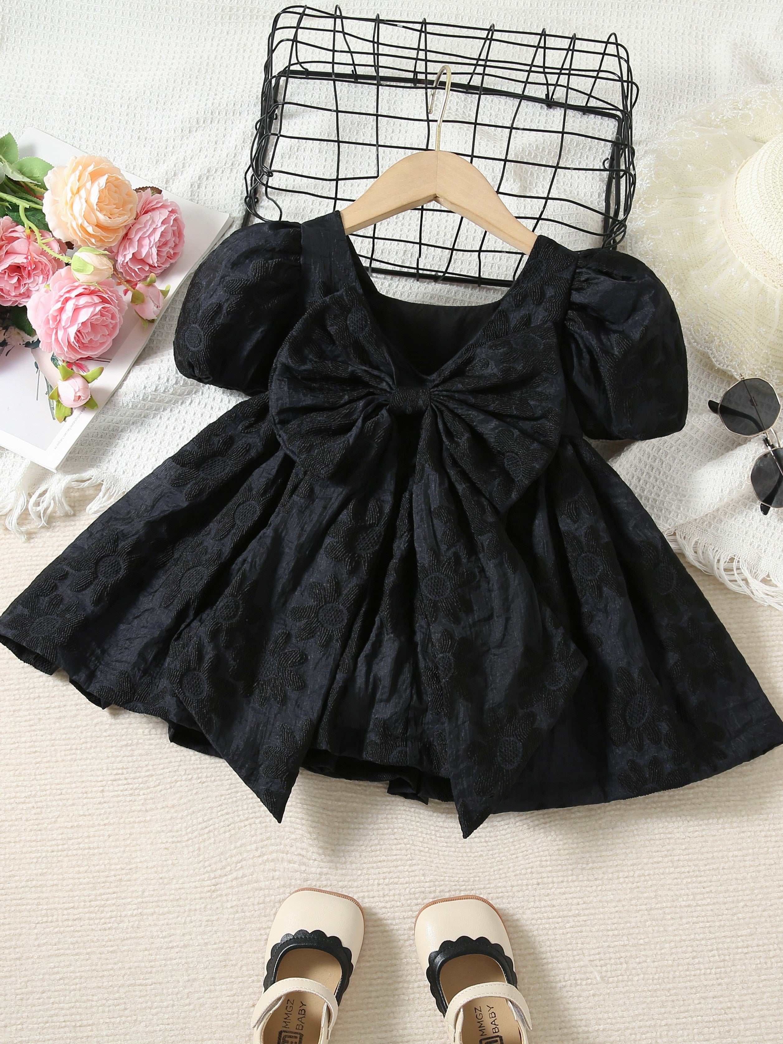 Girls Summer Dress Knee High Puff Sleeve Solid Color Bow Decoration Lightweight Dress