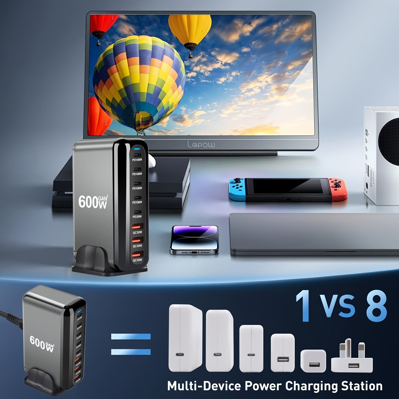 600W 8-port USB Type C tez zaryadlovchi Gan Fast Charge 3.0 planshetlar va mobil qurilmalar uchun