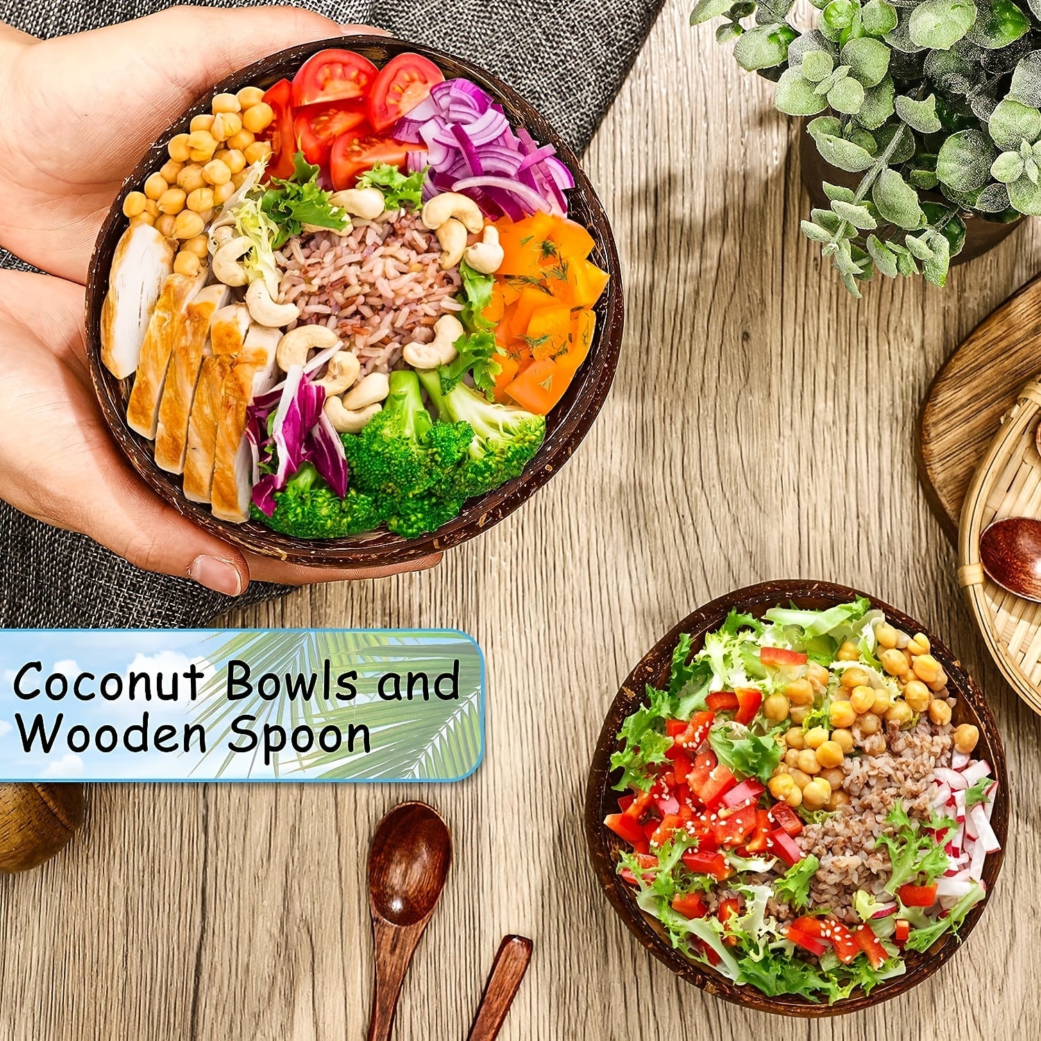 Set of 4 Coconut Bowls and Wooden Spoons for Salads and Ice Cream Natural Coconut