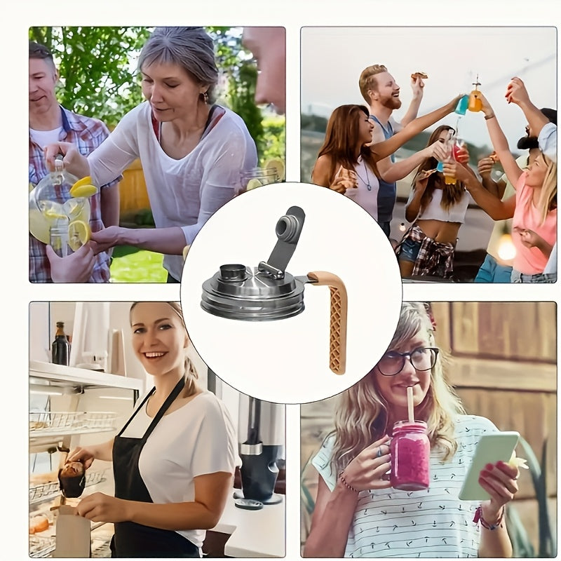 Stainless Steel Jar Lid with Handle and Straw Opening for 86mm Regular Mouth Jars