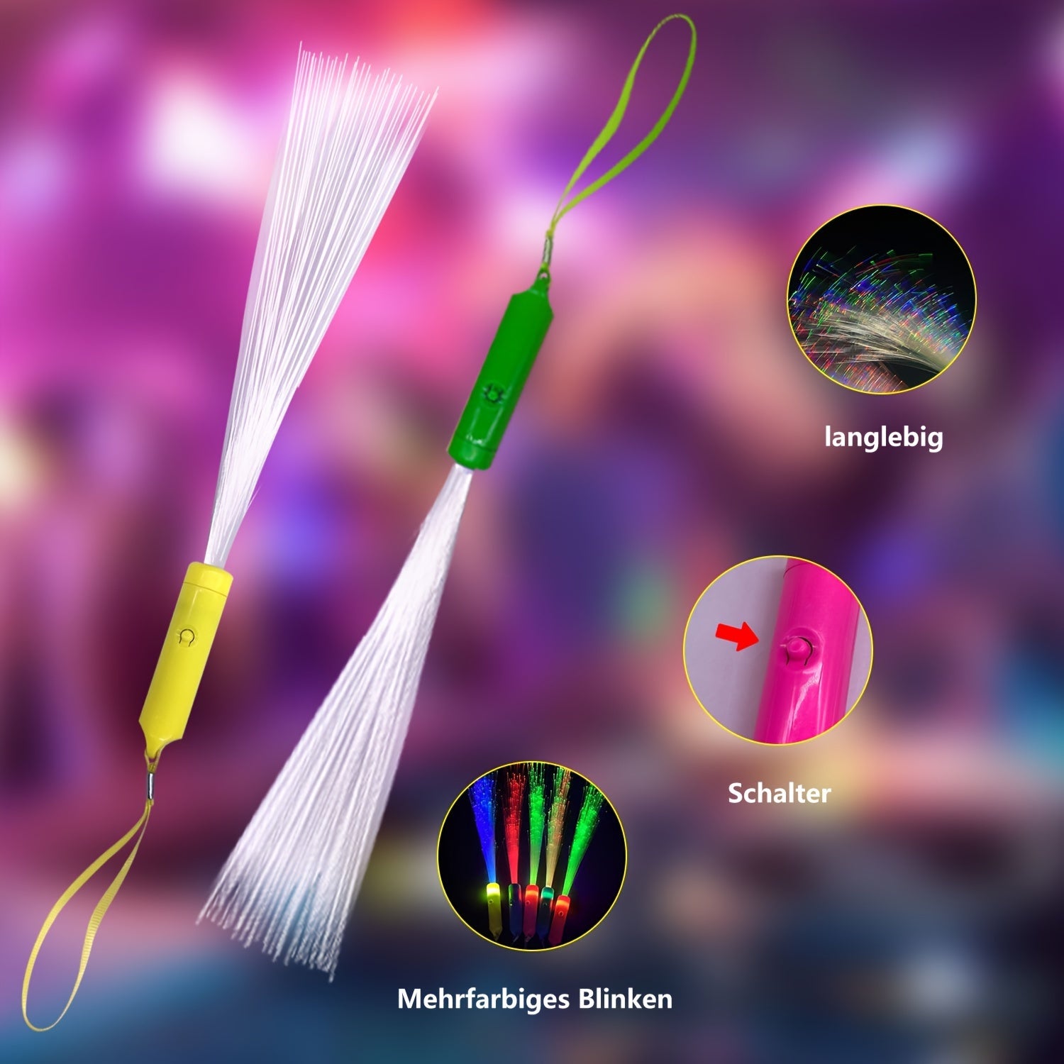 Konsert partiyalari uchun rangli tutqichli oq LED chaqnash tolasi. Yorug'lik rangi tasodifiy.