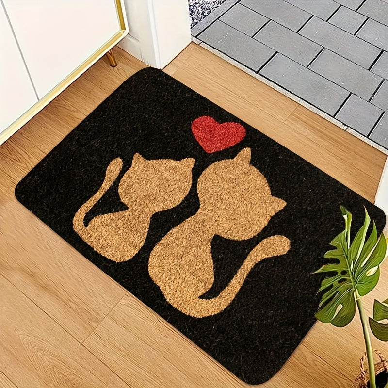 Heart Design Doormat with Cute Cat, Easy to Clean, Machine Washable, Rectangular Rug for Entryway