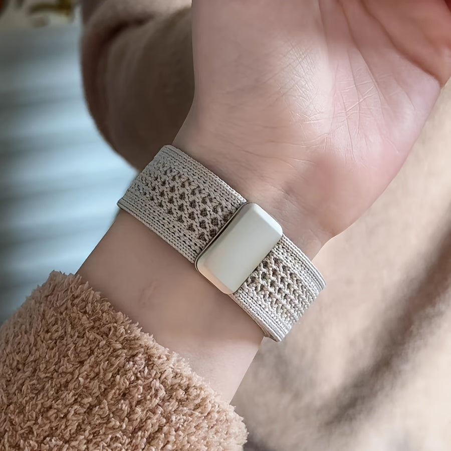 Beige Nylon Knit Watch Band for 38-49mm Watches Magnetic Closure Men Women