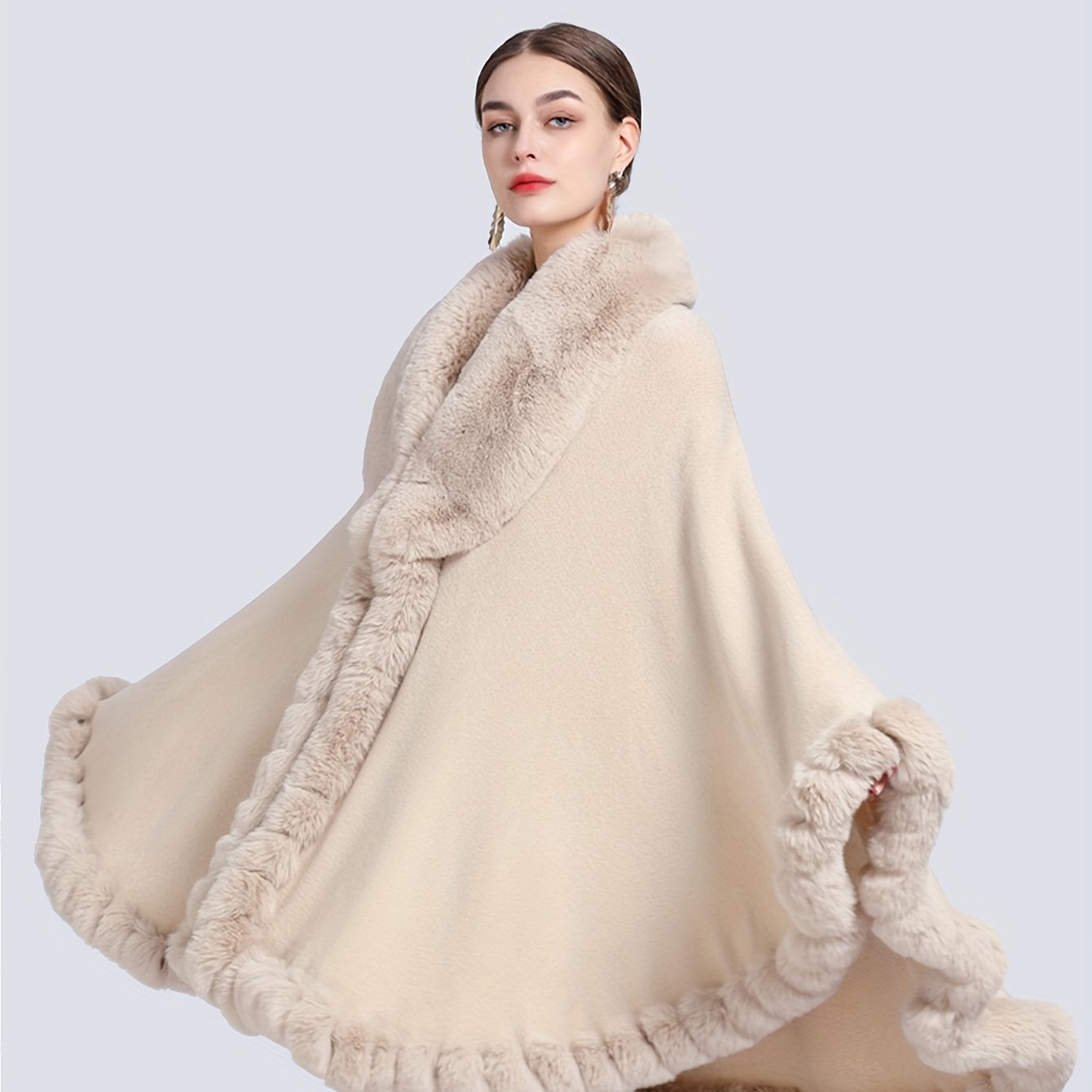 Plus Size Faux Fur Trim Cape for Women Fall Winter Open Front Shawl Solid Color