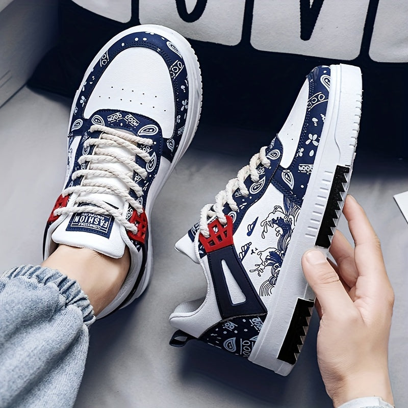 Erkaklar uchun pastki skate poyabzallari, to'lqin naqshiga ega, ochiq havoda yurish va sayohat qilish uchun mos. Sirpanmaydigan tasodifiy poyabzal.