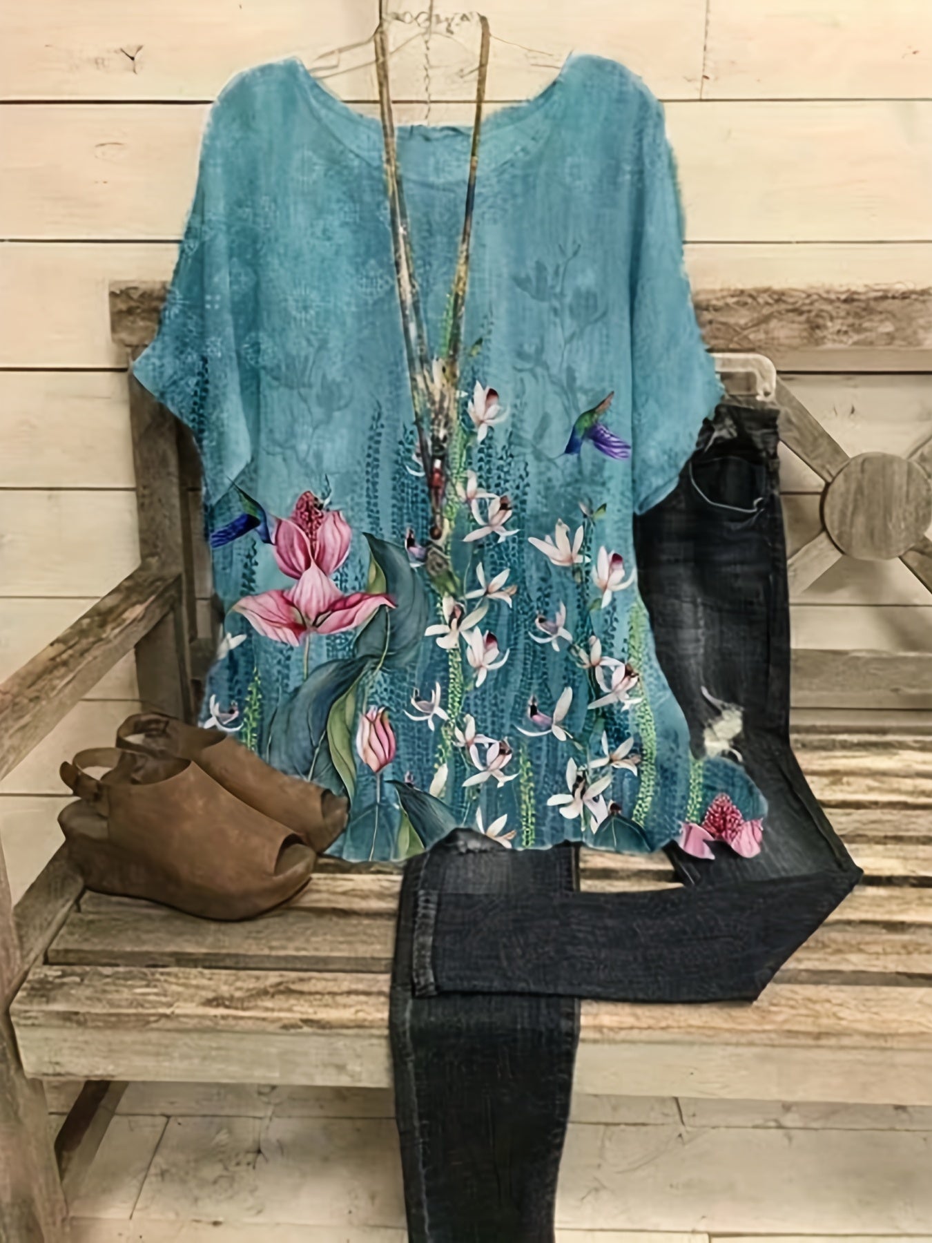 Ayollar uchun kattaroq o'lchamdagi gullar bilan bosilgan qisqa ko'ylakli, dumaloq bo'yinli, qisqa qo'lqopli T-shirt