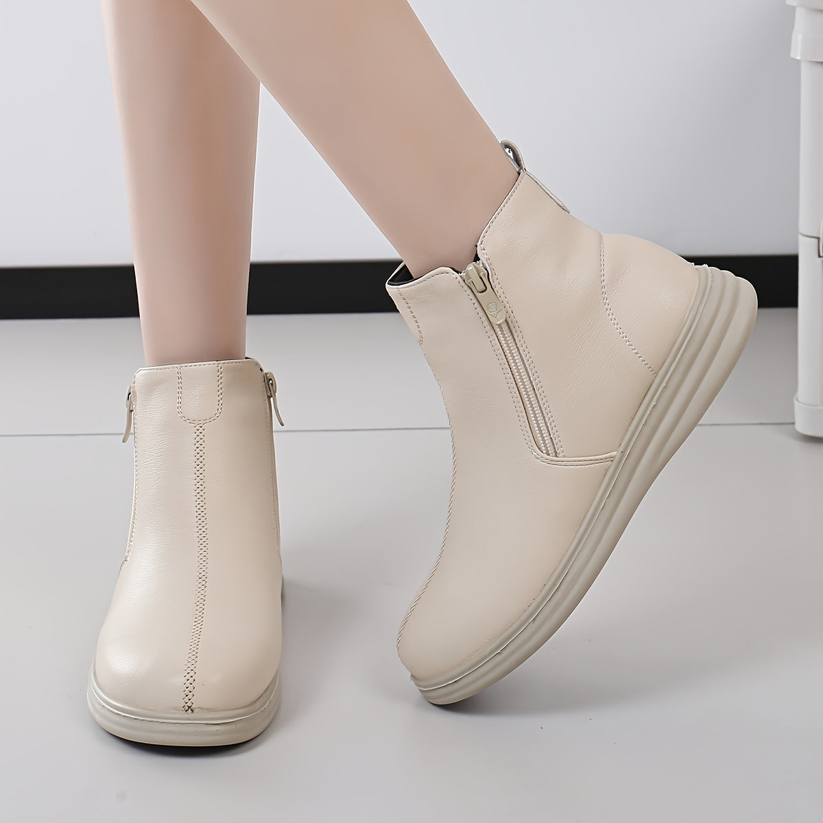 Women's Casual PU Ankle Boots with Zipper, Round Toe, Flat Heel