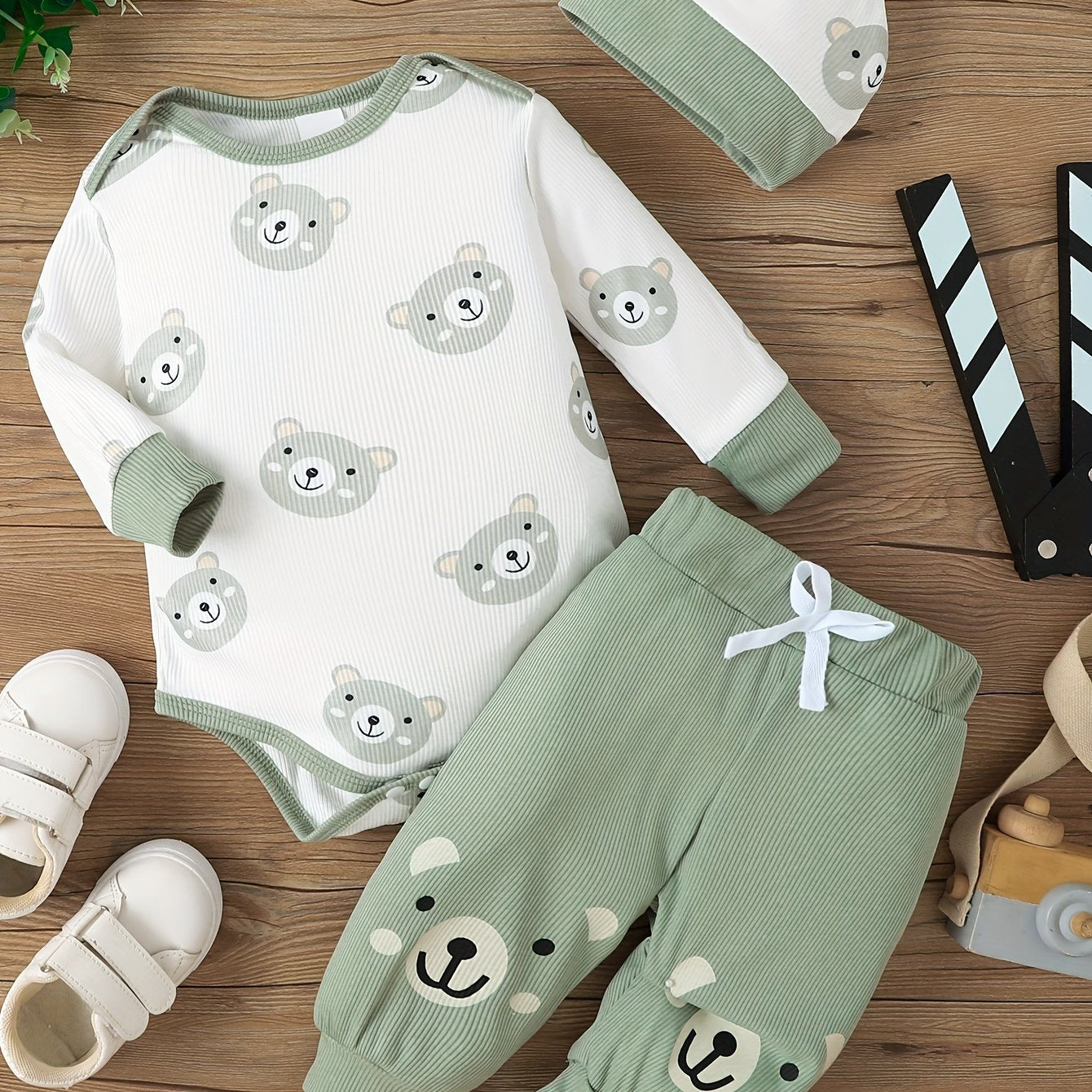 Baby Boy Cotton Bear Print 3-Piece Set Romper Trousers Hat for Newborns