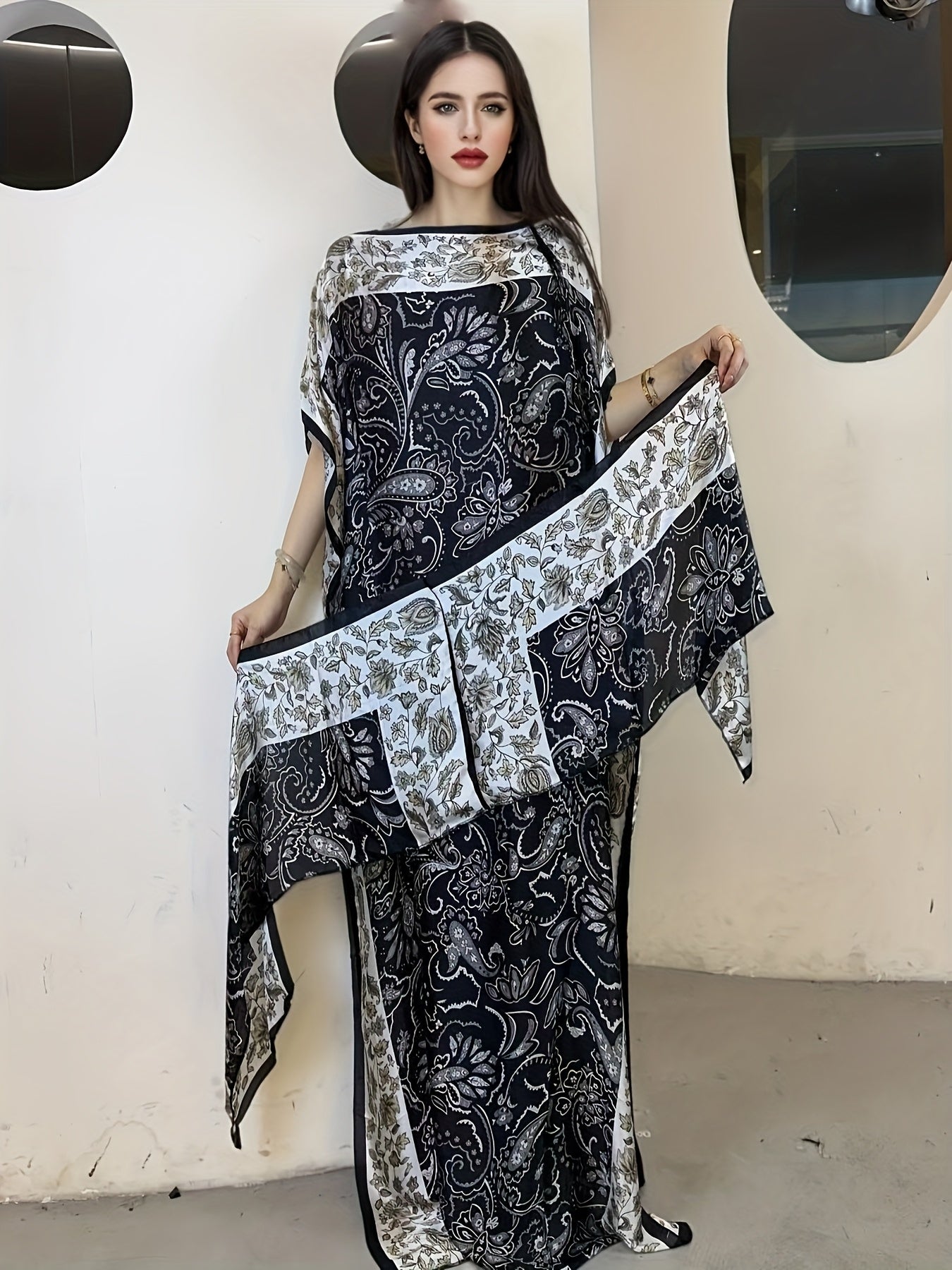 Women's Floral Print Maxi Dress Boat Neck Batwing Sleeves Loose Fit