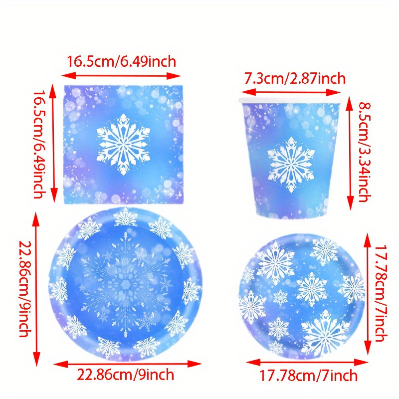 Paquete de suministros para fiesta de invierno congelado, platos de papel con copos de nieve, servilletas, vasos, 10 piezas