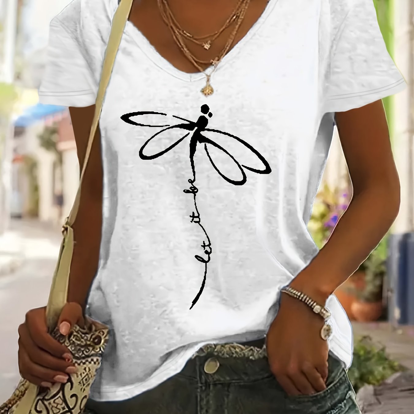 Plus Size Women's V-Neck T-Shirt Geometric Dragonfly Print Mint Green Black