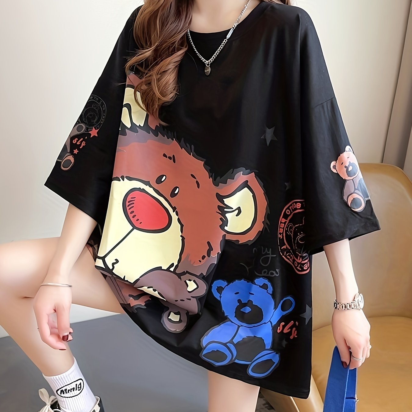 Plus Size Women's Casual T-Shirt with Cartoon Bear Print Polyester Blend Short Sleeve Spring Summer