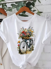 Women's Floral Bicycle Print Short Sleeve T-Shirt Casual Summer Top Polyester Blend