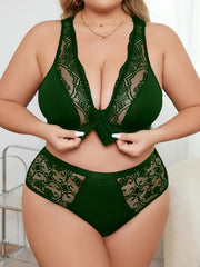 Plus Size Women's Lace Patchwork Underwear Set Solid Color Polyester Lingerie