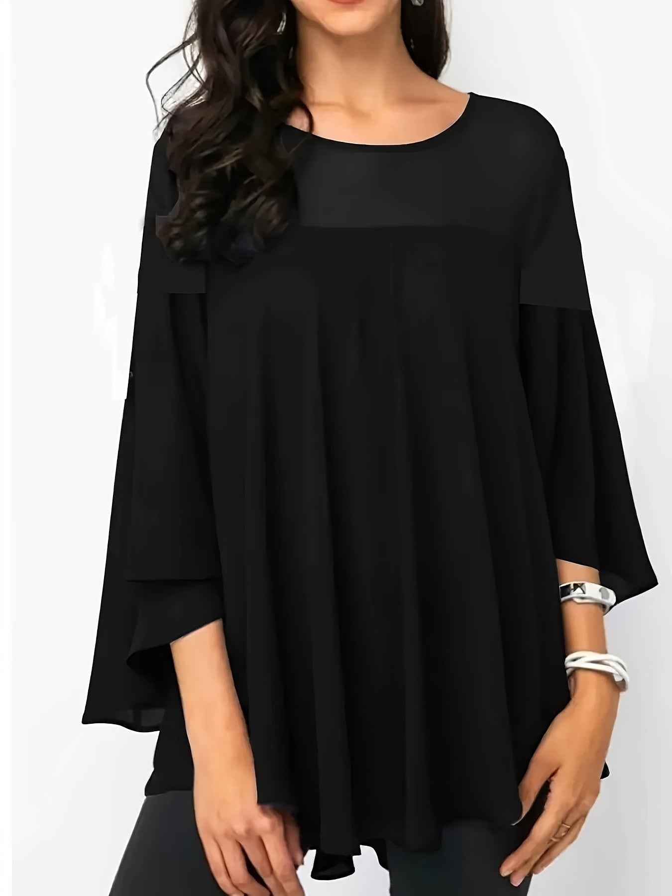 Plus Size Women's Green Blouse with Lace Detail, Half Sleeves, Crew Neck