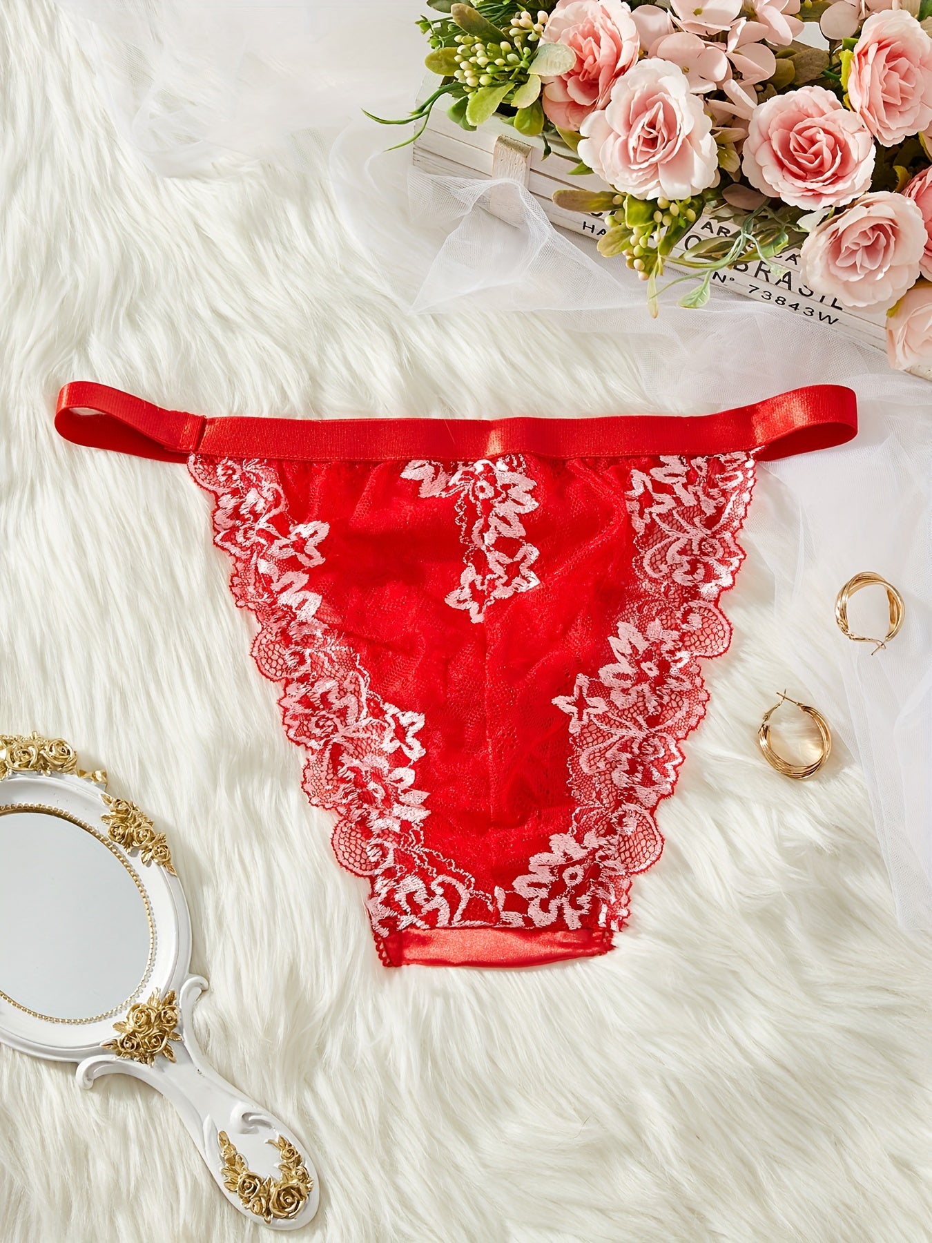 Women's Lace Trim Semi-Sheer Polyester Blend Thong with Bow Detail