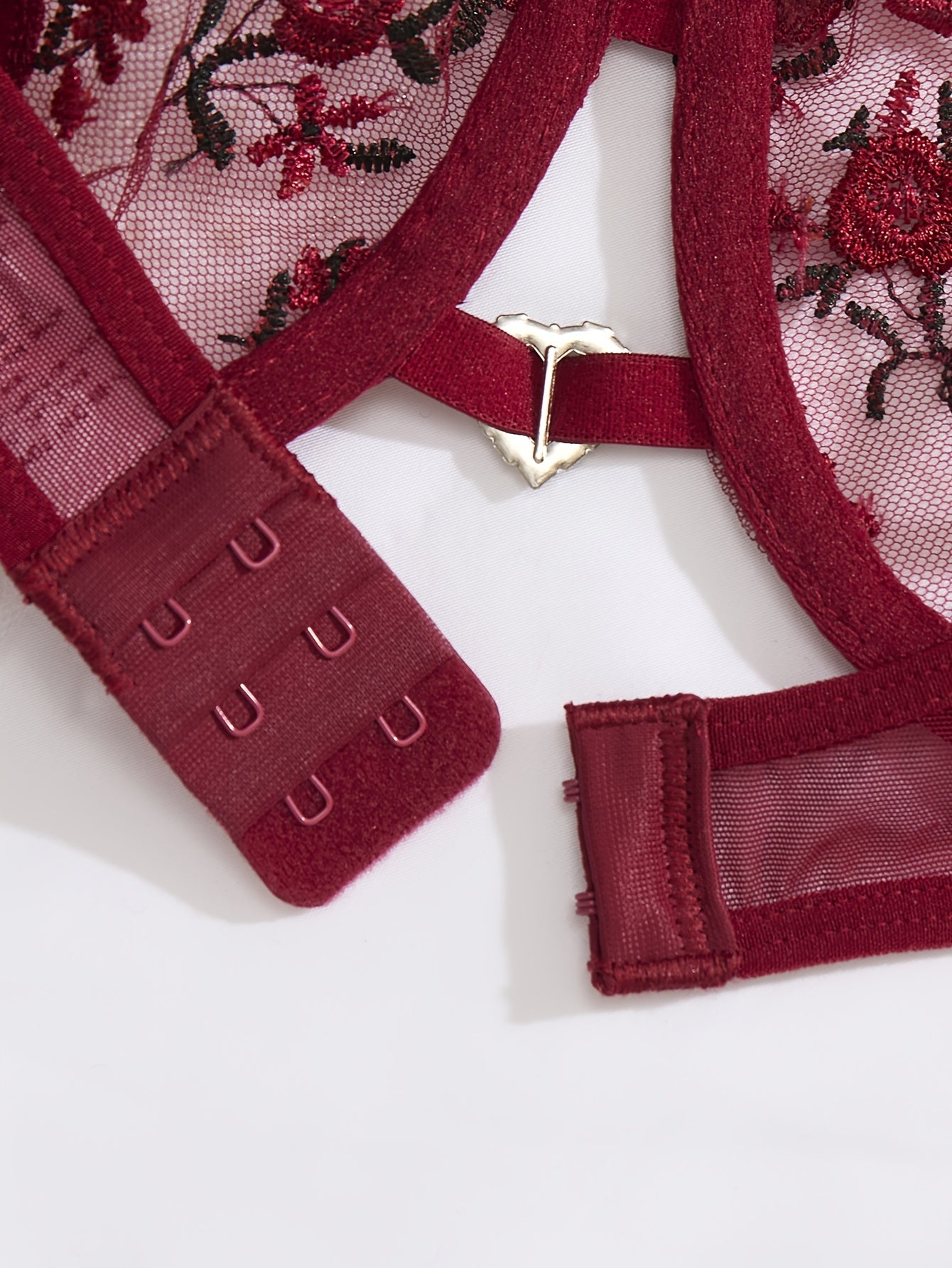 Women's Red Floral Embroidered Lingerie Set with Sheer Mesh Bra and Low-Rise Panties