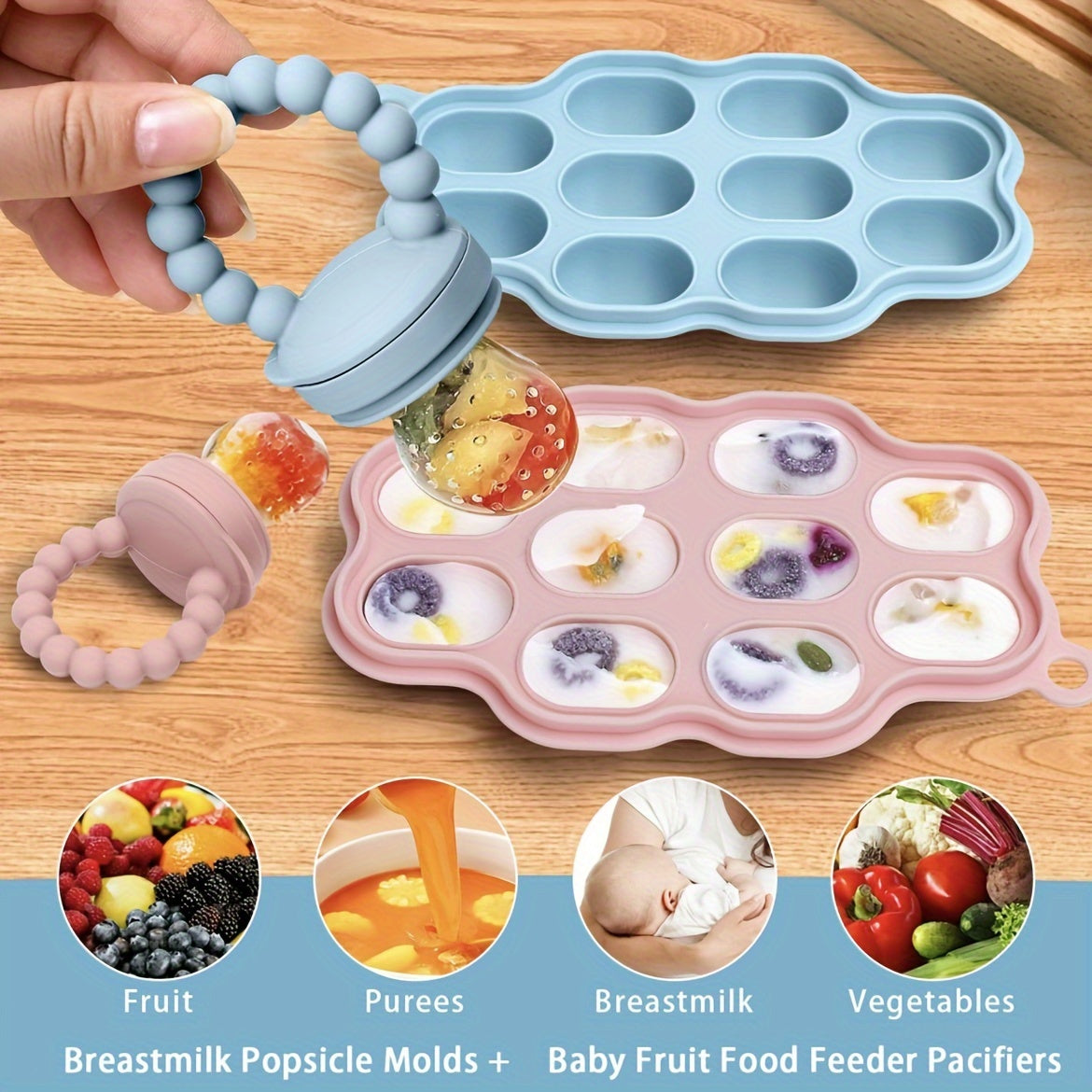 Silicone Baby Food Storage Tray with Fruit Food Feeder and Pouches