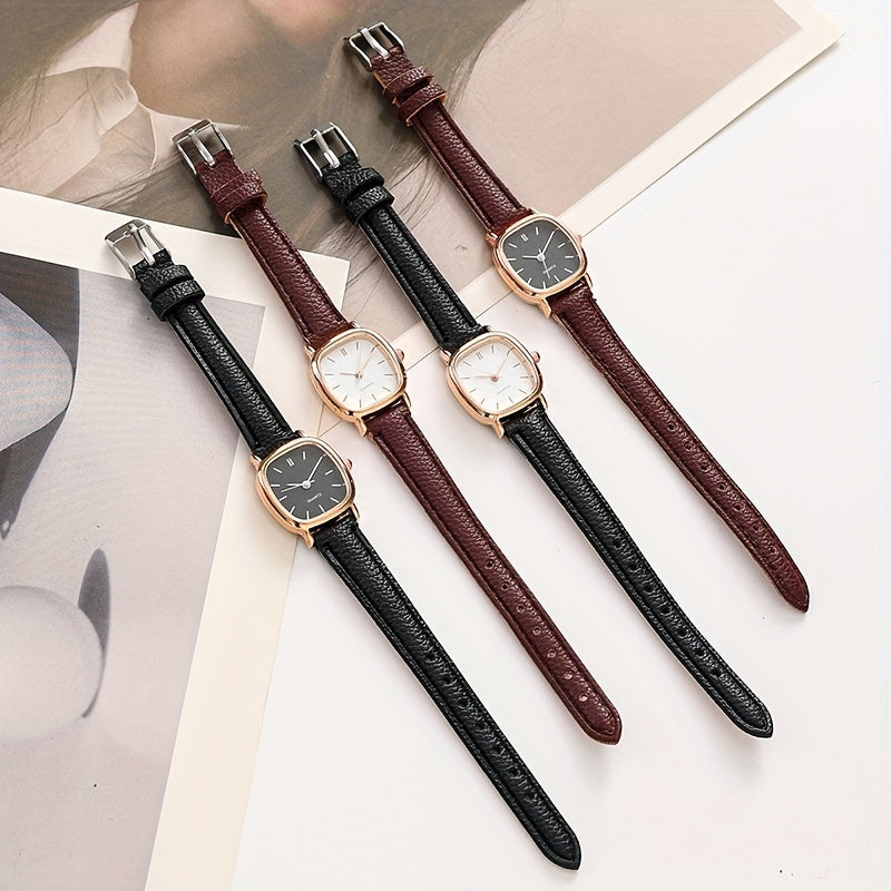 Women's Wristwatch with Synthetic Leather Band Quartz Rectangular Dial Electronic Drive