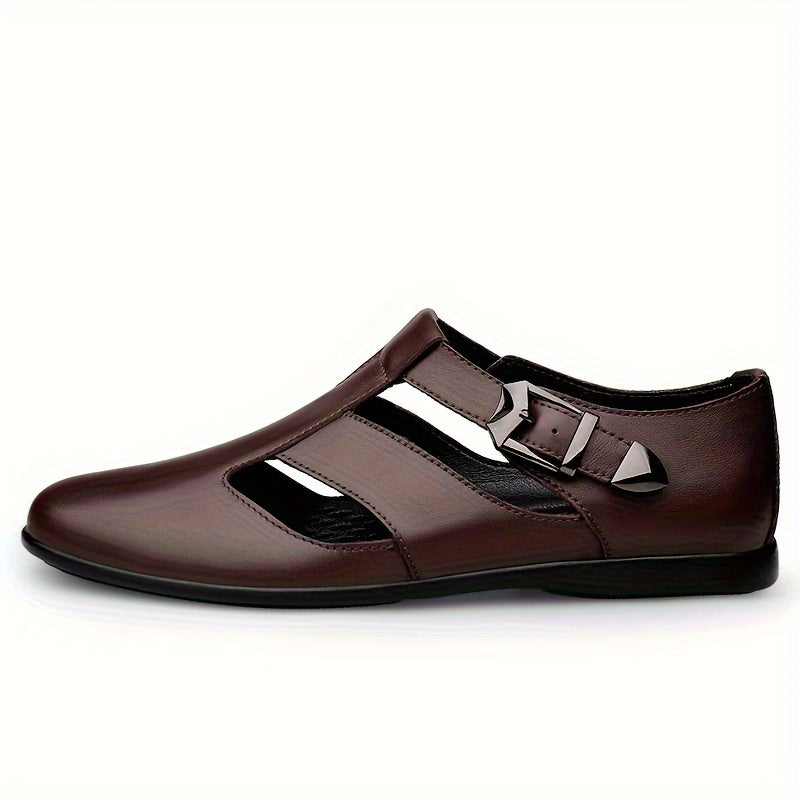 Men's Breathable Leather Sandals with Adjustable Buckle and Soft Rubber Sole for Casual Summer and Fall Wear in Black
