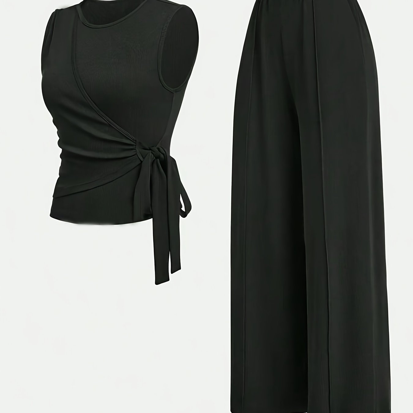 Women's Solid Color Pantsuit with Crew Neck Lace-Up Tank Top and Wide Leg Pants