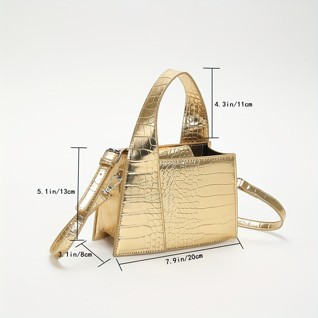 Crocodile Print Synthetic Leather Handbag with Snap Button Closure for Women