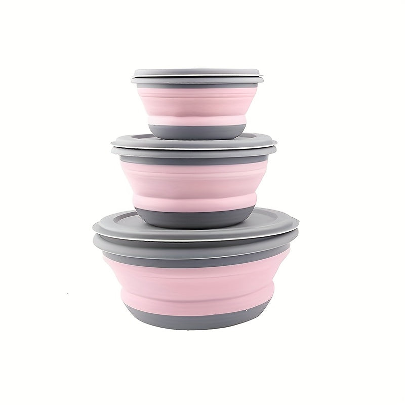 Juego de 3 cuencos de silicona plegables para camping con tapas para viaje y almuerzo