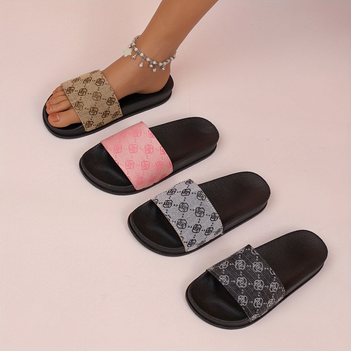 Women's Leopard and Plaid Pattern Slides Lightweight Soft Sole Flat Slides