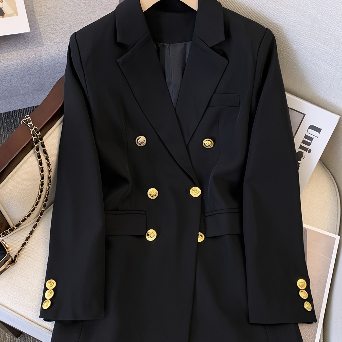 Sunygal Ayollar uchun Ikki Qavatli Blazer - Oddiy Rangda - Uzun Yengli, Odatdagi H-Fit Polyester Kostyum Jaqeti