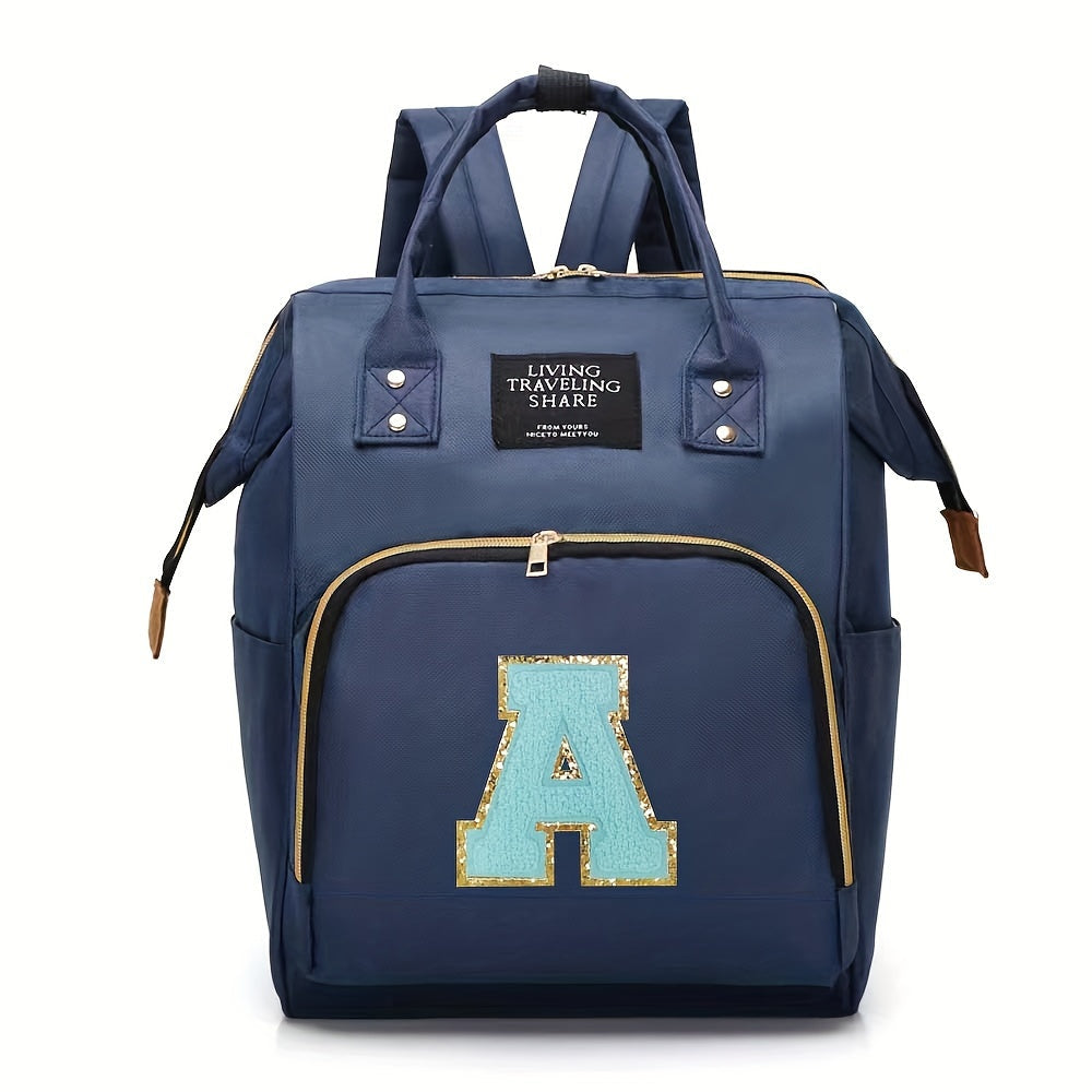 Blue Polyester Diaper Bag with Multiple Compartments and Bottle Holder