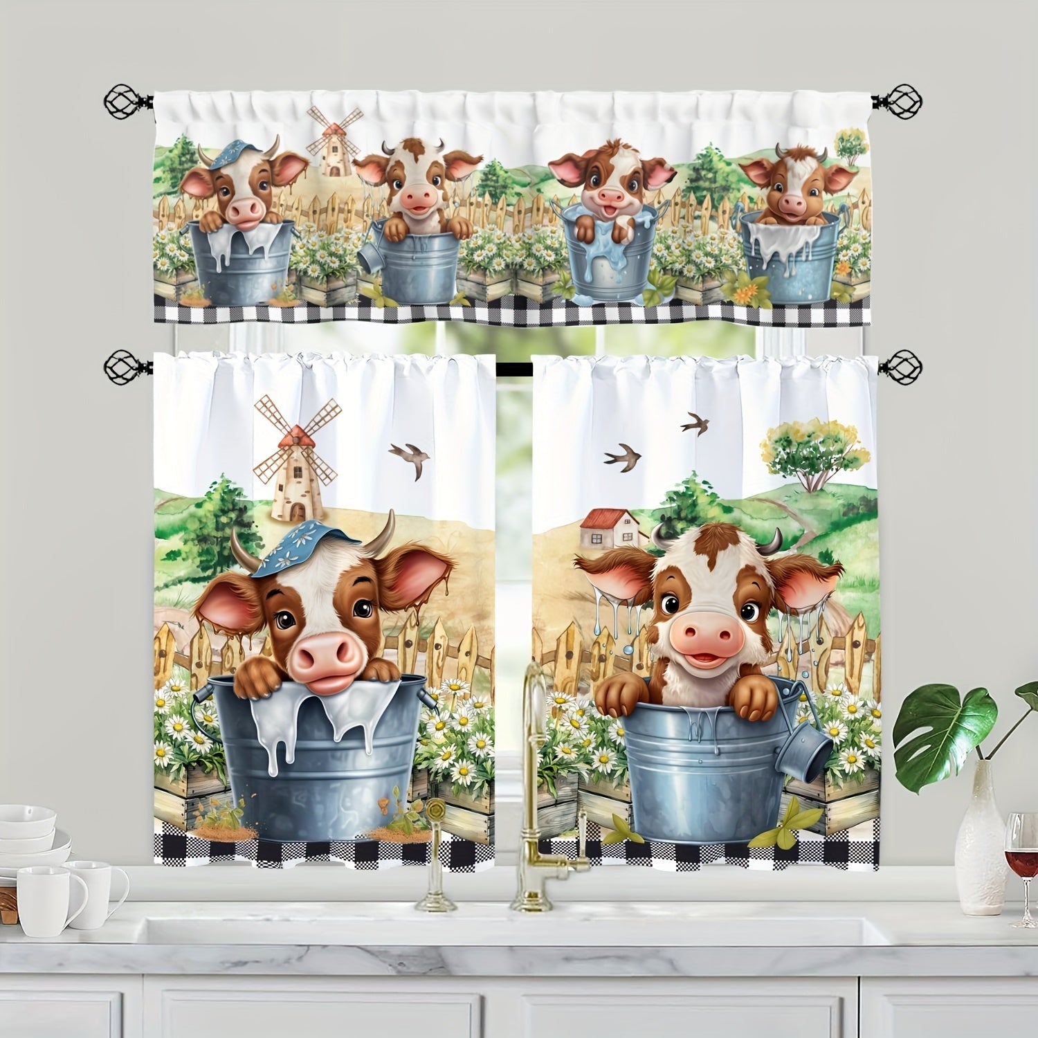 Conjunto de visillos de vaca de estilo granja y cortinas de cafetería, filtrado de luz, para cocina, dormitorio y oficina